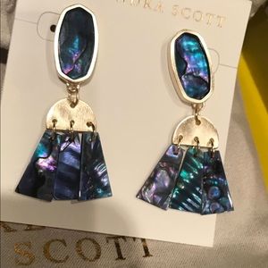 Kendra Scott-earrings blue and gold Noah Abalone statement earrings.